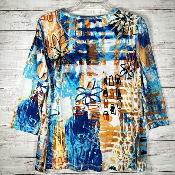 Ali Miles Blue/Copper Artsy Geometric Soft Knit Tunic Top w/Pocket XL - Picture 3 of 8